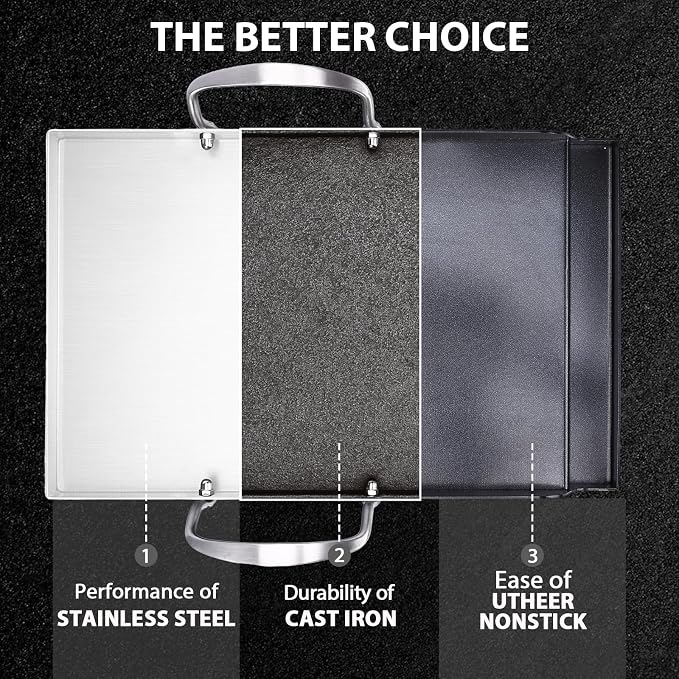 Utheer 16.5x10 Ceramic Nonstick Stainless Steel Griddle for Gas Grill | Ceramic Nonstick Stainless Steel Griddle Fits Gas Grill, Charcoal Grill and Stove Top with Grease Channel and Handles