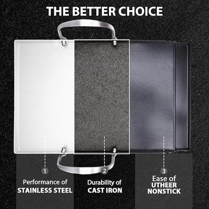 Utheer 16.5x10 Ceramic Nonstick Stainless Steel Griddle for Gas Grill | Ceramic Nonstick Stainless Steel Griddle Fits Gas Grill, Charcoal Grill and Stove Top with Grease Channel and Handles