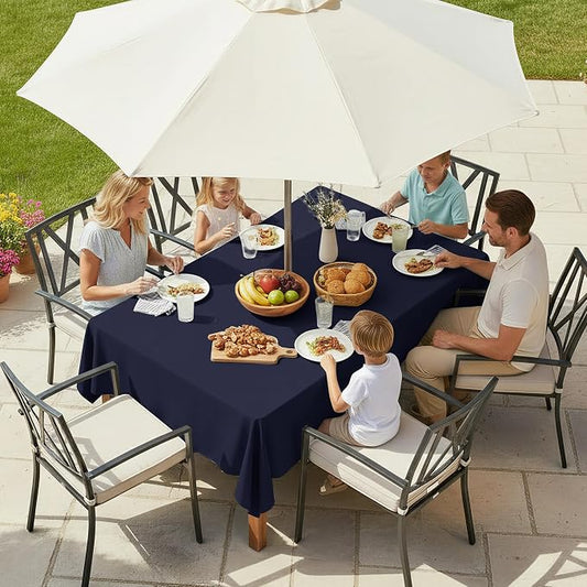 LUSHVIDA Rectangle Outdoor Tablecloth with Umbrella Hole and Zipper, 60x102 Inch Navy, Washable Waterproof Table Cloth Spill Proof Wrinkle Free Table Cover for Patio Spring Summer Picnic BBQS