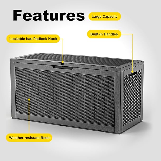 120 Gallon Resin Deck Box Outdoor Storage Box Waterproof for Patio Furniture,Outdoor Cushions,Garden Tools and Pool Supplies（Black）