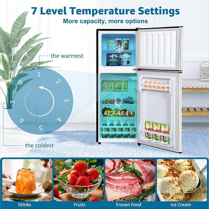 5.0 Cu. Ft Dorm Fridge for Apartment with Freezer Small Refrigerator Silver | Compact Refrigerator 7-Level Adjustable Thermostat, Adjustable Glass Shelves Compact Mini Fridge for Kitchen, Dorm, Office