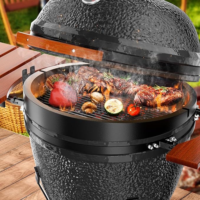 ROOMTEC 18-Inch Kamado Ceramic Charcoal Grill, Portable Grill Charcoal with Cart/Side Shelves/Cover, Tabletop Barbecue Grill for Home Party and Outdoor Backyard Cooking, Black