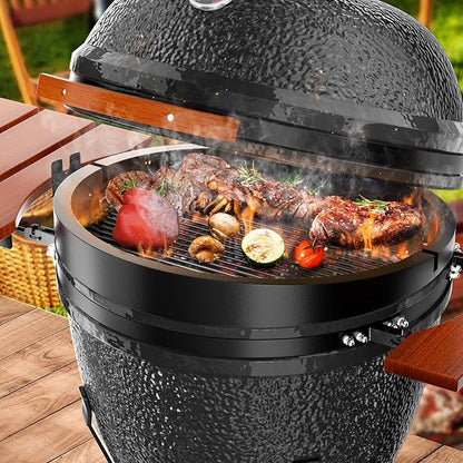 ROOMTEC 18-Inch Kamado Ceramic Charcoal Grill, Portable Grill Charcoal with Cart/Side Shelves/Cover, Tabletop Barbecue Grill for Home Party and Outdoor Backyard Cooking, Black