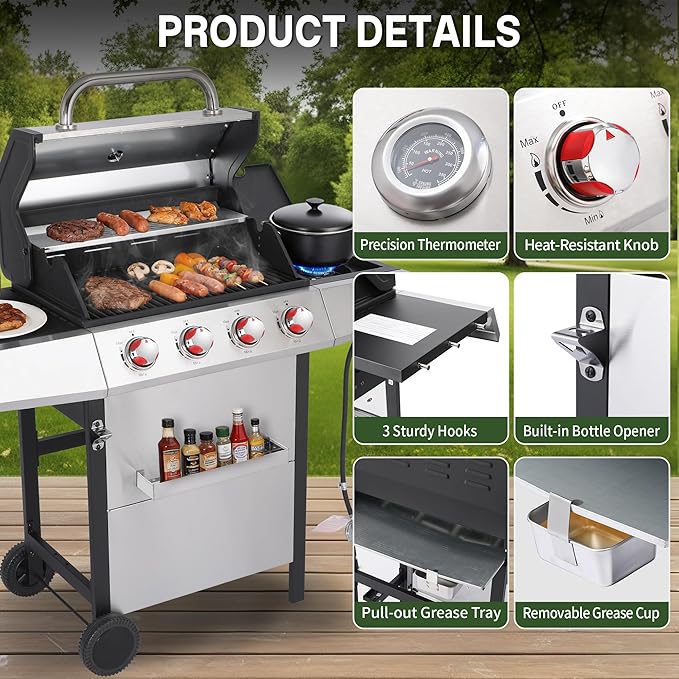 Gas and Charcoal Grill Combo with Side Burner, 4-Burner Propane Grill and Griddle Combo with Porcelain-Enameled Cast Iron Grates & Double-Wall Insulated Lid, 49,000 BTU Outdoor BBQ Grill