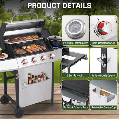 Gas and Charcoal Grill Combo with Side Burner, 4-Burner Propane Grill and Griddle Combo with Porcelain-Enameled Cast Iron Grates & Double-Wall Insulated Lid, 49,000 BTU Outdoor BBQ Grill