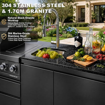 98" 4-Burner Modular Outdoor Kitchen Island, 72000 BTU Propane Gas Grill | 4 Burners & Side Stove, Rear Infrared, Granite Countertop, Fridge, 360°Faucet,304 Sink, Rotisserie, Storage Cabinet