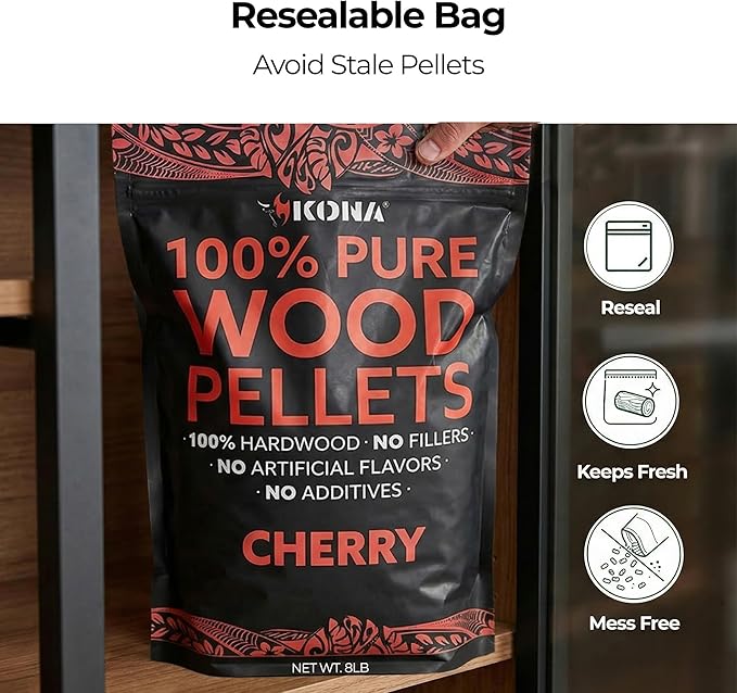 Kona 100% Cherry Smoker Pellets, Intended for Ninja Woodfire Outdoor Grill, 8 lb Resealable Bags