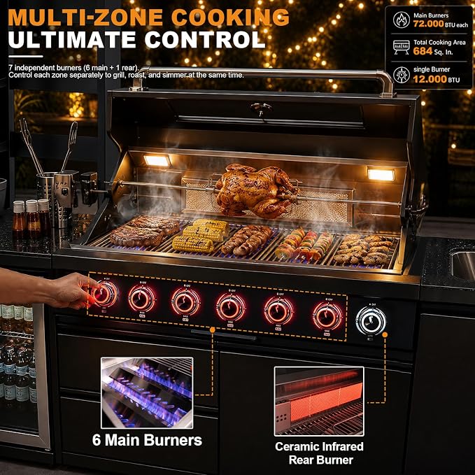 94.3" 6-Burner Modular Outdoor Kitchen Island, 85000 BTU Propane Gas Grill | Rear Infrared, Galvanized Steel Roof, Granite Countertop, Fridge, 360° Pull-Out Faucet,304 Sink, Rotisserie