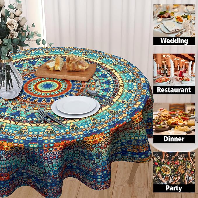 Sweetshow Boho Mandala Tablecloth Round 70 Inch,Rustic Colorful Bohemian Polyester Circle Table Cloth,Wrinkle Stain Resistant Washable Table Cover for Kitchen Dining Room Holiday Party Picnic Patio