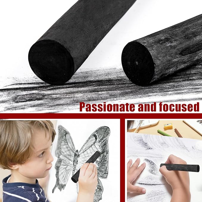 6 Pcs 0.79-0.94 Inch Black Jumbo Willow Charcoal Sticks, Large Soft Willow Charcoal Chunky Drawing Charcoal for Sketching Artist Supplies