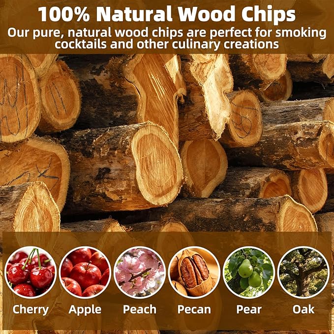 18Pcs Wood Chips for Smoker, Natural Cocktail Smoker Chips Kit-Apple, Pecan, Cherry, Oak, Pear, Peach for Whiskey Lover, Bourbon, Men, Dad, Husband, Home Bar, Drinks, Smoker Accessory