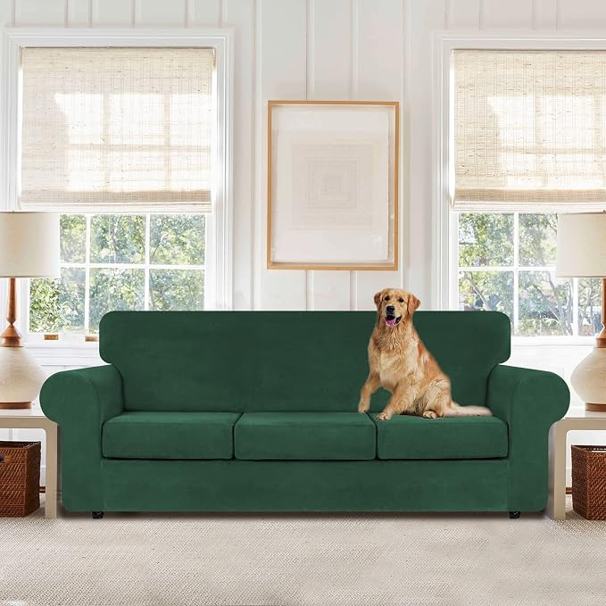 WEERRW 4 Pieces Couch Cover for Sofa Velvet Sofa Covers, Emerald Green | Washable Sofa Covers for 3 Cushion Couch Furniture Protector Sofa Slipcover with Non Slip Elastic Bottom, Pet Friendly, Large
