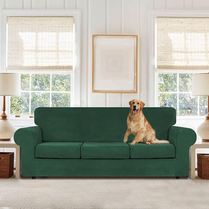 WEERRW 4 Pieces Couch Cover for Sofa Velvet Sofa Covers, Emerald Green | Washable Sofa Covers for 3 Cushion Couch Furniture Protector Sofa Slipcover with Non Slip Elastic Bottom, Pet Friendly, Large