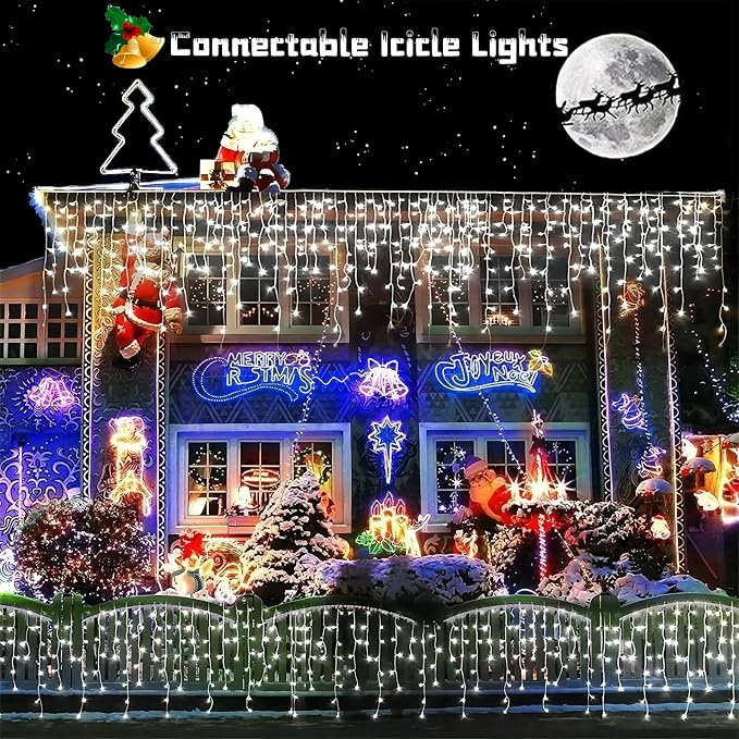 YEGUO 33ft 400 LED Icicle Lights Outdoor, 80 Drops Icicle Christmas Lights Connectable, 8 Modes White Icicle String Lights with Timer Memory Indoor