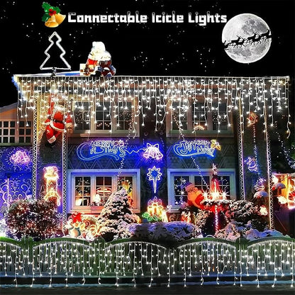 YEGUO 33ft 400 LED Icicle Lights Outdoor, 80 Drops Icicle Christmas Lights Connectable, 8 Modes White Icicle String Lights with Timer Memory Indoor
