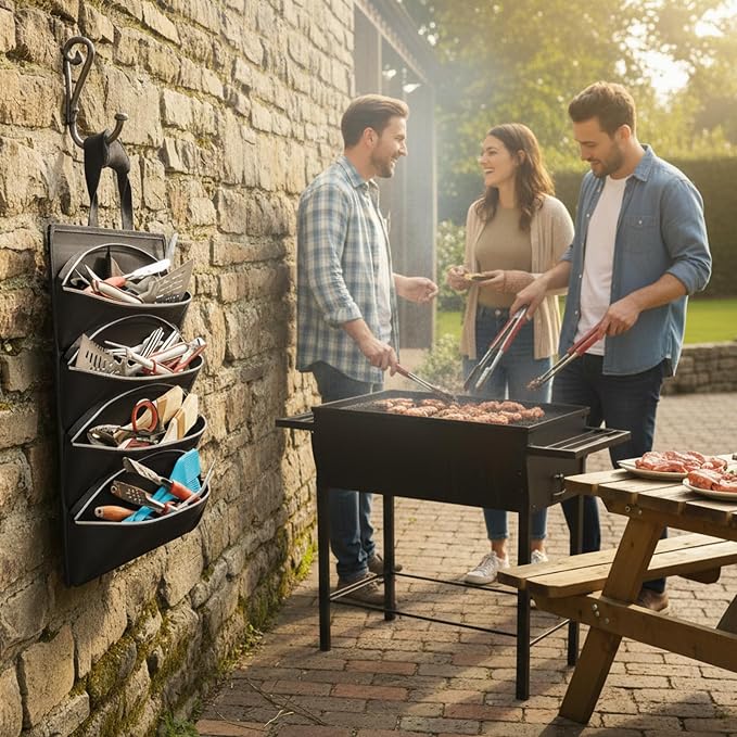 Grill Tool Accessory Storage Bag Roll Up, BBQ Tools Carry Orangizer Case for Grilling Utensil, Large Oxford Cloth Griddle Classifiable Holder for Outdoor Camping Barbecue Hiking Picnic Trip(Box Only)