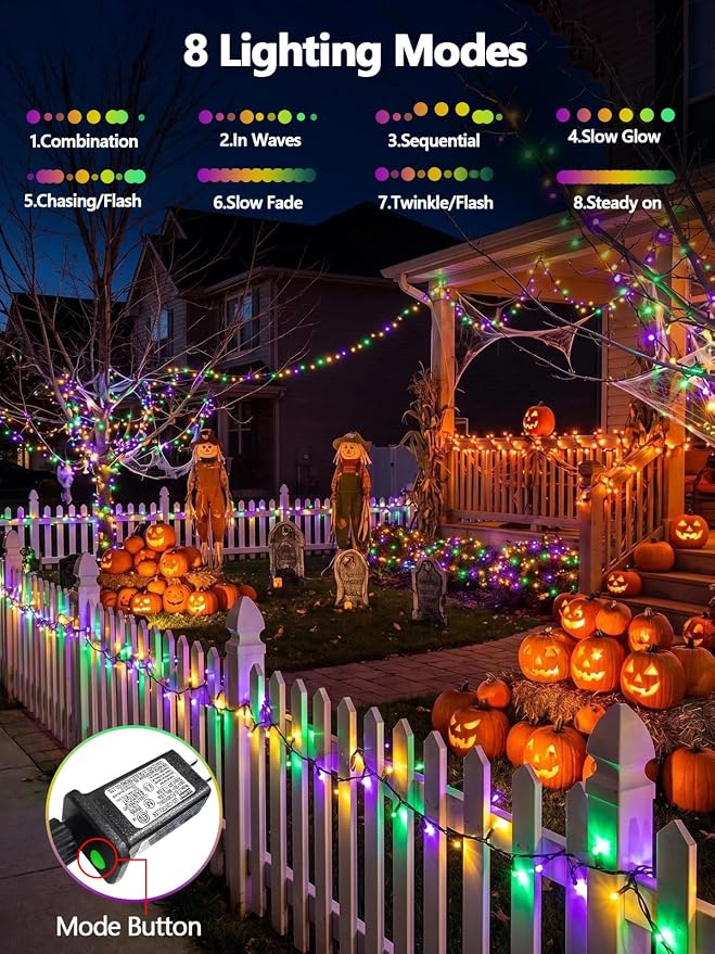 200 LED Extendable Green Yellow Purple Mardi Gras Lights Outdoor Indoor | 75.8FT, Timer & Memory Function,8 Modes,Plug in String Lights Waterproof for Creepy Halloween Party Tree Roof Graveyard Decor