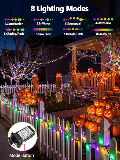 200 LED Extendable Green Yellow Purple Mardi Gras Lights Outdoor Indoor | 75.8FT, Timer & Memory Function,8 Modes,Plug in String Lights Waterproof for Creepy Halloween Party Tree Roof Graveyard Decor