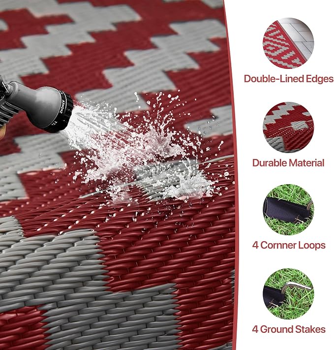 GENIMO Outdoor Rug, Waterproof Plastic Rugs for Patio, 6'x9' Red Grey | Outside Larger Modern Carpet Mat for Porch Decor, Deck, Balcony, Camping, RV, Backyard, Picnic, Beach, Reversible, Foldable