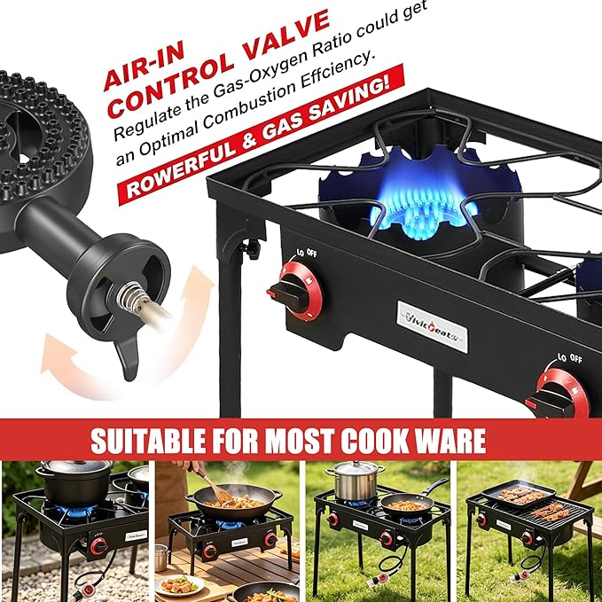VIVICREATE Propane Grill 2 Burner Outdoor Propane Stove Portable Gas Grill High Pressure Camping Stove Double Burner Cooker for Camping Backyard BBQ Outdoor Cooking