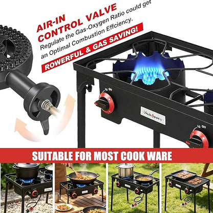 VIVICREATE Propane Grill 2 Burner Outdoor Propane Stove Portable Gas Grill High Pressure Camping Stove Double Burner Cooker for Camping Backyard BBQ Outdoor Cooking