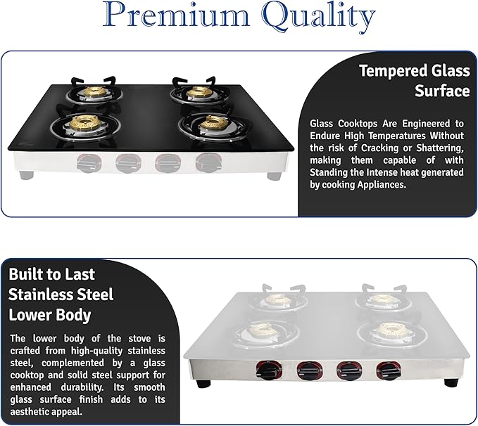 24 inch Gas Cooktop - Tempered Glass Gas Stove with 4 Burner & Stainless Steel Lower Body - Counter top GasStove for RV Propane Stove, Apartment, or Outdoor use with Hose Pipe & Regulator