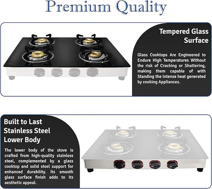 24 inch Gas Cooktop - Tempered Glass Gas Stove with 4 Burner & Stainless Steel Lower Body - Counter top GasStove for RV Propane Stove, Apartment, or Outdoor use with Hose Pipe & Regulator