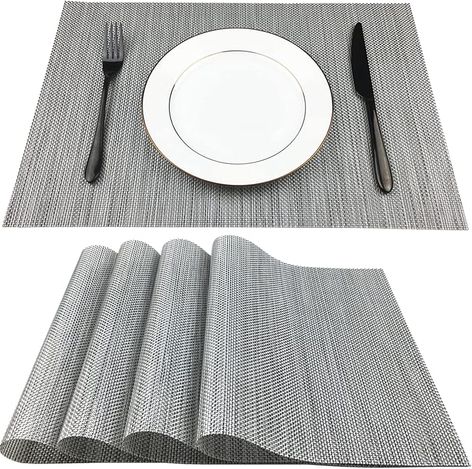 WAZAIGUR Placemats,Easy to Clean Crisscross Woven Vinyl Place Mats Durable Non-Slip Heat Resistant Table Mats,Placemats for Kitchen Table Set of 4,Silver and Black