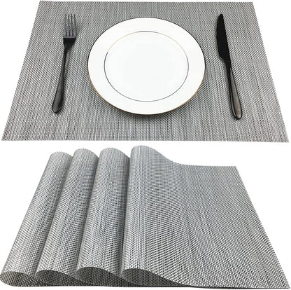 WAZAIGUR Placemats,Easy to Clean Crisscross Woven Vinyl Place Mats Durable Non-Slip Heat Resistant Table Mats,Placemats for Kitchen Table Set of 4,Silver and Black