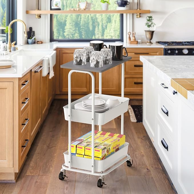 Simple Houseware 2-Tier Rolling Utility Cart Wood Top/Lockable Wheel, Gray | Metal Storage Organizer Trolley for Kitchen, Bathroom, Office, Craft Room