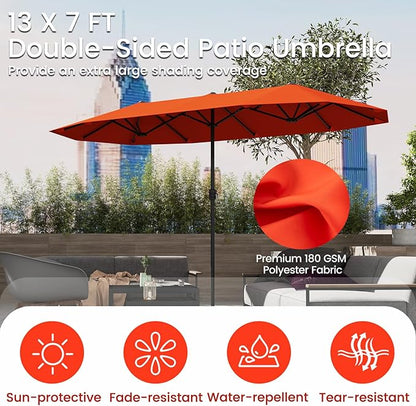 Tangkula 13 FT Large Patio Umbrella, Outdoor Double-Sided Table Market Umbrella w/Crank Handle, 12 Heavy-Duty Ribs, Sun-Protective Rectangular Twin Parasol for Garden Deck Lawn Poolside (Orange)