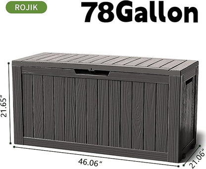 ROJIK Outdoor Storage Housing Deck Box - Waterproof Patio Furniture, Garden Tools, Cushions, Pool Accessories Storage Bench with Lockable Lid and Side Handles (Black 78 Gal)