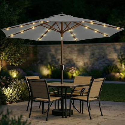 10FT Solar Patio Umbrella with Lights, Outdoor Table Market Umbrella with 32 LED Lights, 8 Sturdy Ribs, Push Button Tilt and Crank for Pool, Deck and Garden, UV-Resistant