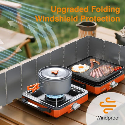 ODSD 2 Burner Camping Stove with Windshield, 20000 BTU Propane Camp Stove, Portable Folding Gas Stove, Camping Essentials Gears Includes Frying Pan, Coffee Stand & Carry Bag (Orange)