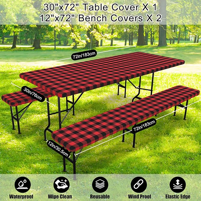 Smiry Picnic Table Cover with Bench Covers, Waterproof Elastic Fitted Tablecloths for 8 Foot Rectangle Tables, Washable Buffalo Plaid Tablecloth for Camping, Outdoor & Christmas (Black & Red, 30"x96")
