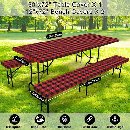 Smiry Picnic Table Cover with Bench Covers, Waterproof Elastic Fitted Tablecloths for 8 Foot Rectangle Tables, Washable Buffalo Plaid Tablecloth for Camping, Outdoor & Christmas (Black & Red, 30"x96")