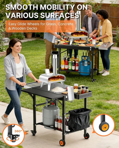 Outdoor Pizza Oven Table, Portable Pizza Oven Cart with Topping Station, Heavy Duty Grill Cart Table with Pizza Prep Station with Storage, Fit Ninja Cuisinart Gozney and Blackstone Griddle