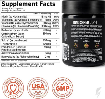 Inno Shred GLP-1 Thermogenic Fat Burner & Appetite Support, 30 Servings | Weight loss, metabolism & energy support with Berberine, Green Coffee Bean, B Vitamins; GLP-1 support for men & women