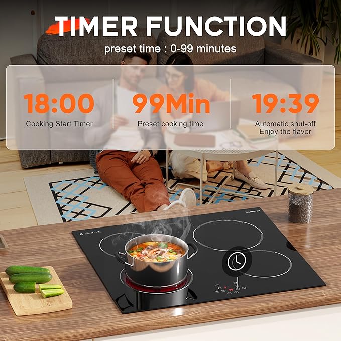 24 Inch Electric Cooktop Built in Electrics Stove Top, 4 Burner Electric Stove, Touch Control, 6000W, 9 Power Levels, Safety Lock, Timer, Pause Function, 240V Hard Wire(No Plug)