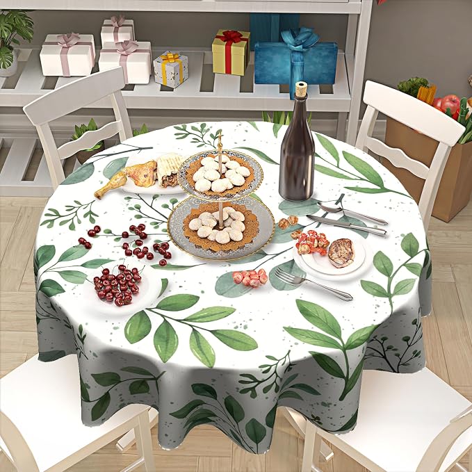 Sweetshow Spring Floral Teal Sage Green Tablecloth Round 60 Inch Watercolor Eucalyptus Leaf Round Table Cloth Wrinkle Resistant Washable Table Cover for Kitchen Dining Room Holiday Party Picnic Patio