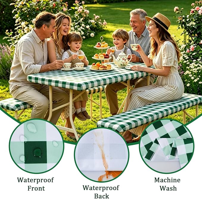 Poise3EHome Picnic Table Cover with Bench Covers, 6 Foot Fitted Elastic Tablecloth Set, Heavy Duty Polyester with TPU Waterproof Backing, Washable Outdoor Picnic Set for Camping,RV & Park(Green&White)