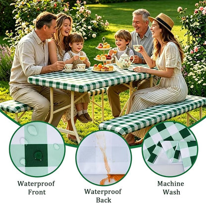 Poise3EHome Picnic Table Cover with Bench Covers, 6 Foot Fitted Elastic Tablecloth Set, Heavy Duty Polyester with TPU Waterproof Backing, Washable Outdoor Picnic Set for Camping,RV & Park(Green&White)
