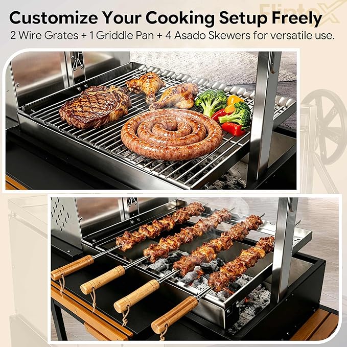 Flintex Argentine Santa Maria Grill, Wood & Charcoal Parrilla BBQ Brasero Grill with Asado Tools, Multi-Function Adjustable Height, Easy Clean with Ash & Grease Collector, Ideal for Asado, Backyard