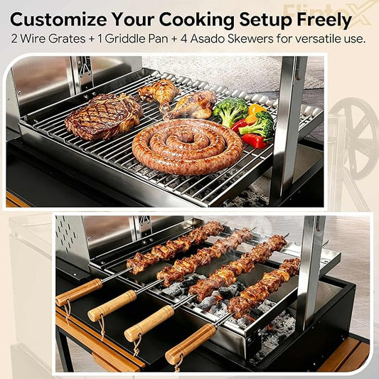 Flintex Argentine Santa Maria Grill, Wood & Charcoal Parrilla BBQ Brasero Grill with Asado Tools, Multi-Function Adjustable Height, Easy Clean with Ash & Grease Collector, Ideal for Asado, Backyard