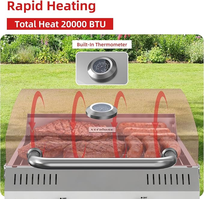 Veralune Tabletop Gas Grill, Small Propane Grill, Portable 2 Burner Gas Grill, Locking Lid, 20,000 BTUs, Built-in Thermometer, Stainless Steel