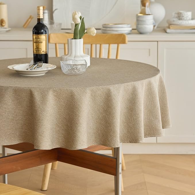 Decorelia Waterproof Round Tablecloth for Round Dining Table, Decorative Rustic Soft Wipeable Table Cloths Cover Indoor Outdoor Use for Holiday,Wedding, Kitchen (70 Inch,Round (4-6 Seats),Natural)