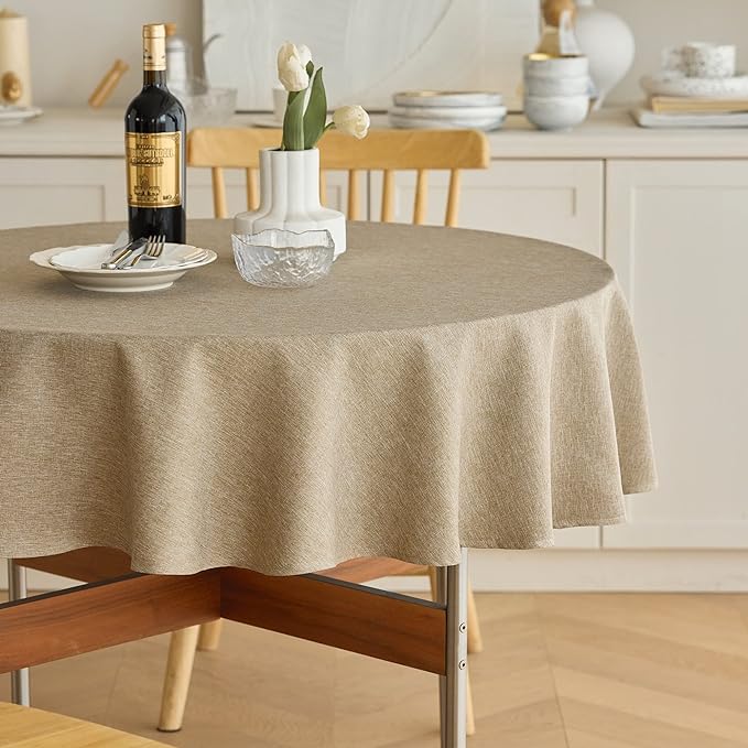 Decorelia Waterproof Faux Linen Farmhouse Round Table Cloth for Indoor/Outdoor, Decorative Rustic Fabric Tablecloth Cover for Party Picnic Dining & Kitchen Table (60 Inch, Round (2-4 Seats), Natural)