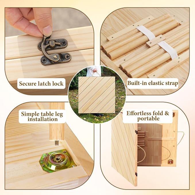 Folding Picnic Table with Boho Table Runner 60" x 30" Wooden Low Table, Portable for Indoor Outdoor Use Ideal for Camping Beach Weddings Garden Parties (Seats 6)