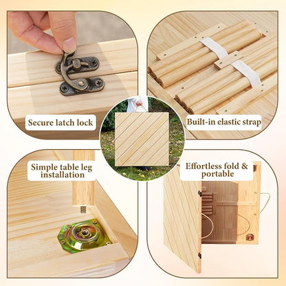 Folding Picnic Table with Boho Table Runner 60" x 30" Wooden Low Table, Portable for Indoor Outdoor Use Ideal for Camping Beach Weddings Garden Parties (Seats 6)