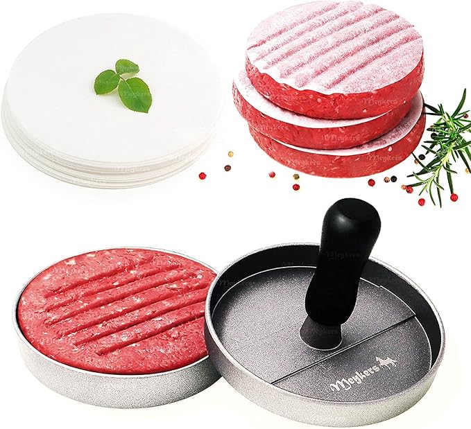 Meykers Burger Press 100 Patty Papers Set | Non-Stick Hamburger Press Patty Maker Mold with Free Wax Paper Sheets | Meat Beef Cheese Veggie Burger Maker for Grill Griddle BBQ Barbecue | BPA Free